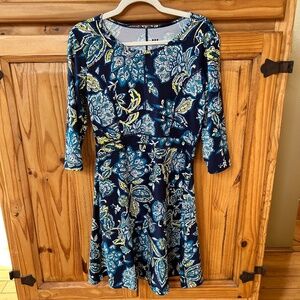 Title Nine Dream Dress Blue Floral Print 3/4 Sleeve Side Zipper Pocket Stretch S